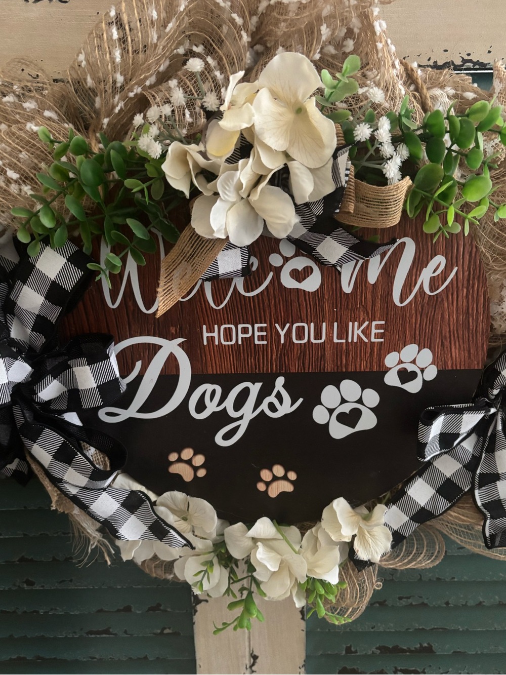 “Welcome” Hope You Like Dogs Burlap Mesh Floral Wreath Custom Design Final Sale